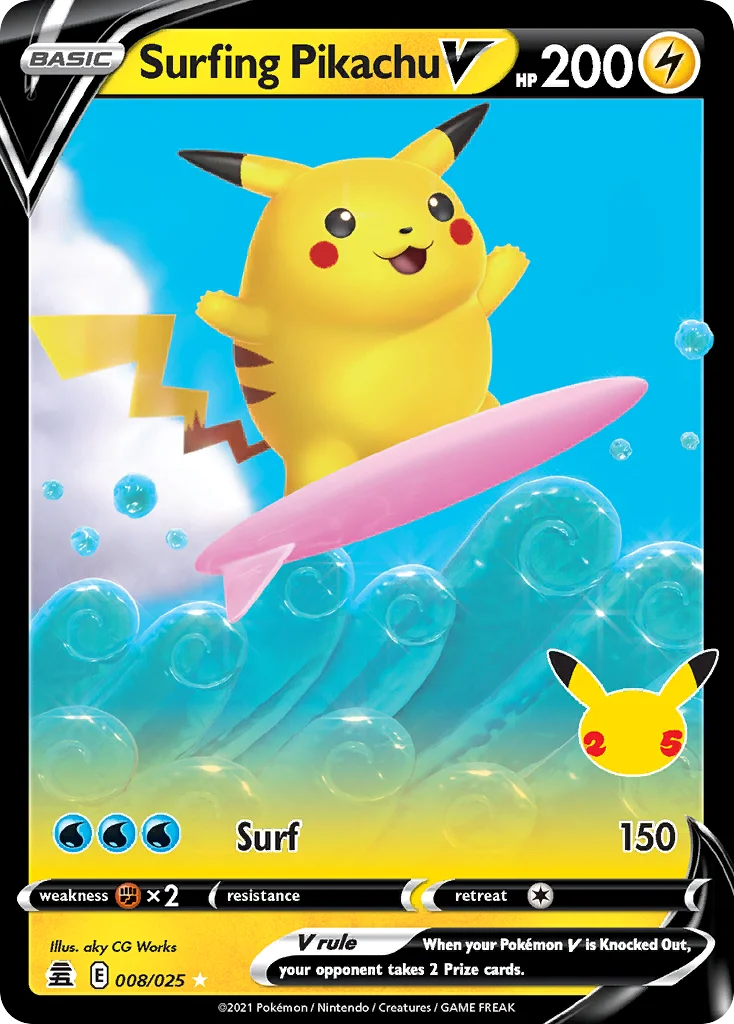 Surfing Pikachu V 008 Celebrations Pokemon Card