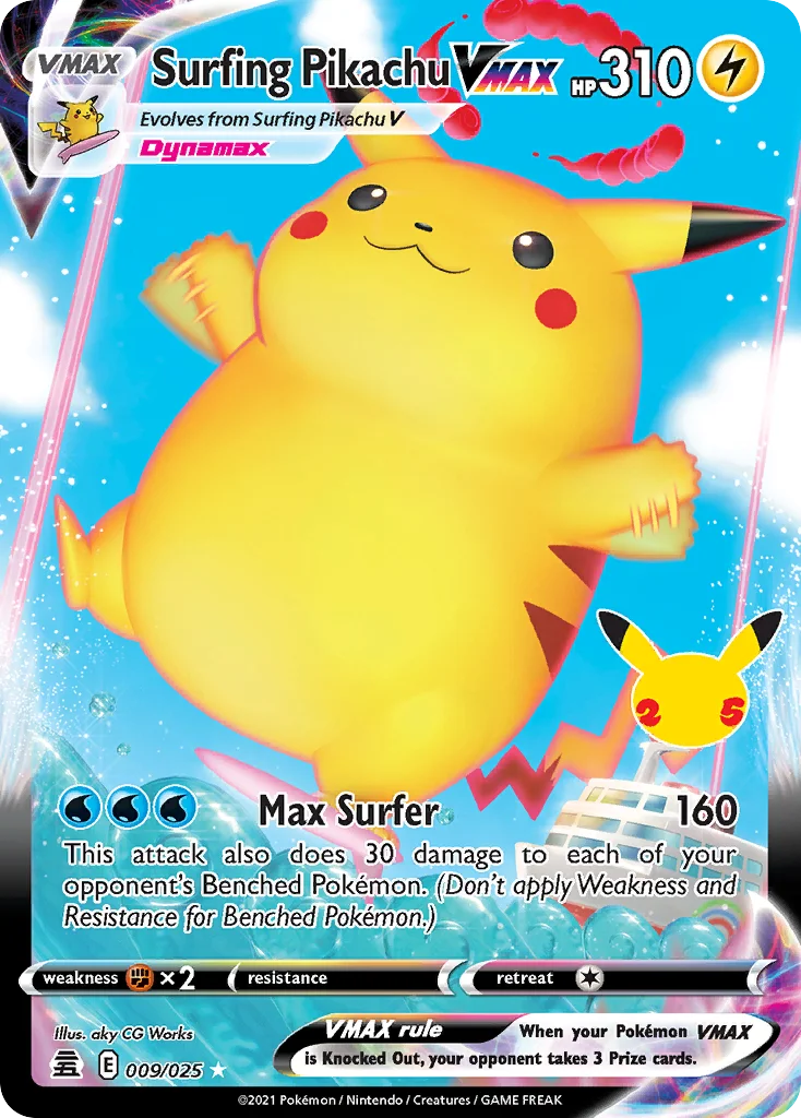 Surfing Pikachu VMAX 009 Celebrations Pokemon Card
