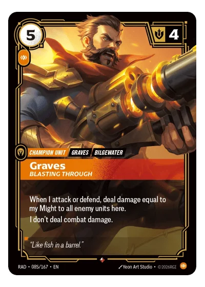 Graves, Blasting Through RAD-85 Rare Radiance Riftbound TCG Card