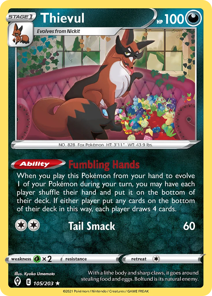 Thievul 105 Evolving Skies Pokemon Card